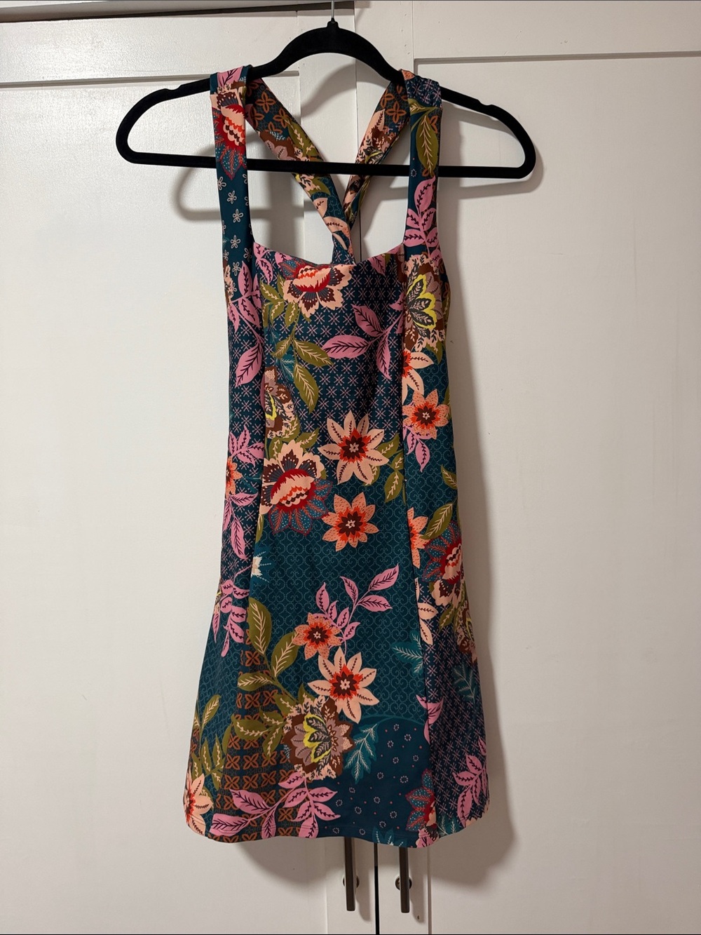 Johnny Was Teal Floral Cross-Back Tennis Tank Dress with Pink & Orange Blooms